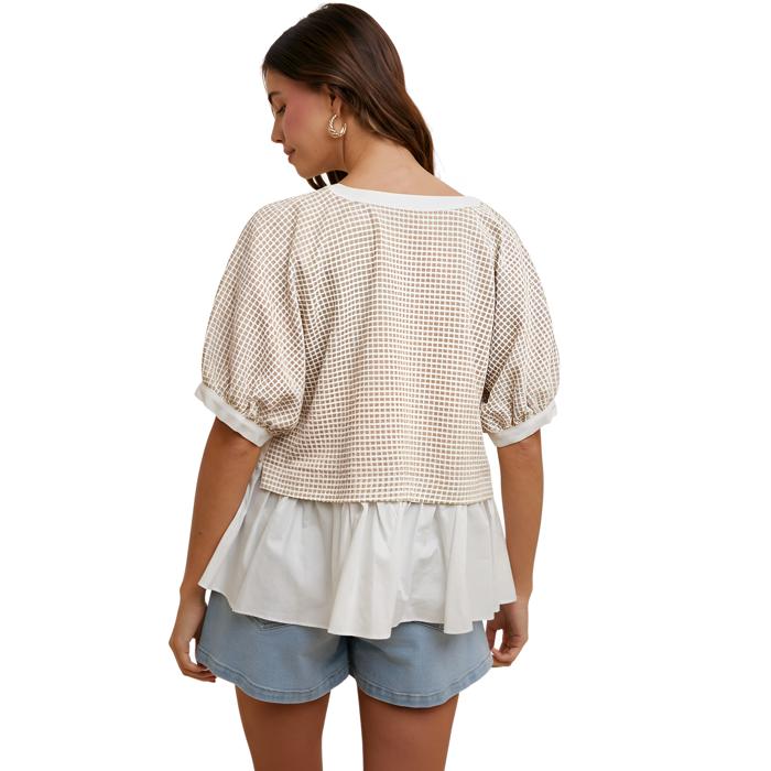 Layered Peplum Top with Textured Grid Overlay Soft Lightweight Fabric Flowy Contrast Hemline Short Gathered Sleeves and Flattering V Neckline