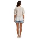 XL Layered Peplum Top with Textured Grid Overlay Soft Lightweight Fabric Flowy Contrast Hemline Short Gathered Sleeves and Flattering V Neckline