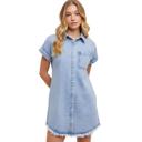  Light Wash Denim Shirt Dress with Button Front Detail Short Cuffed Sleeves Relaxed Everyday Fit Soft Washed Fabric