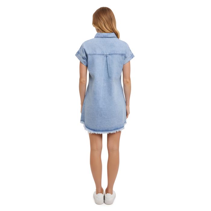 Light Wash Denim Shirt Dress with Button Front Detail Short Cuffed Sleeves Relaxed Everyday Fit Soft Washed Fabric