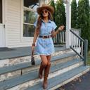 Large Light Wash Denim Shirt Dress with Button Front Detail Short Cuffed Sleeves Relaxed Everyday Fit Soft Washed Fabric