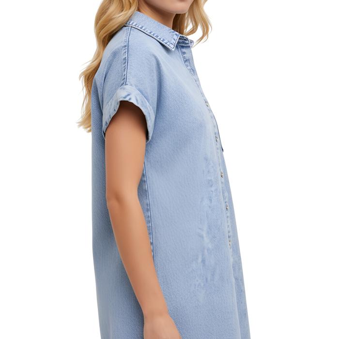 Light Wash Denim Shirt Dress with Button Front Detail Short Cuffed Sleeves Relaxed Everyday Fit Soft Washed Fabric