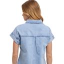 Large Light Wash Denim Shirt Dress with Button Front Detail Short Cuffed Sleeves Relaxed Everyday Fit Soft Washed Fabric