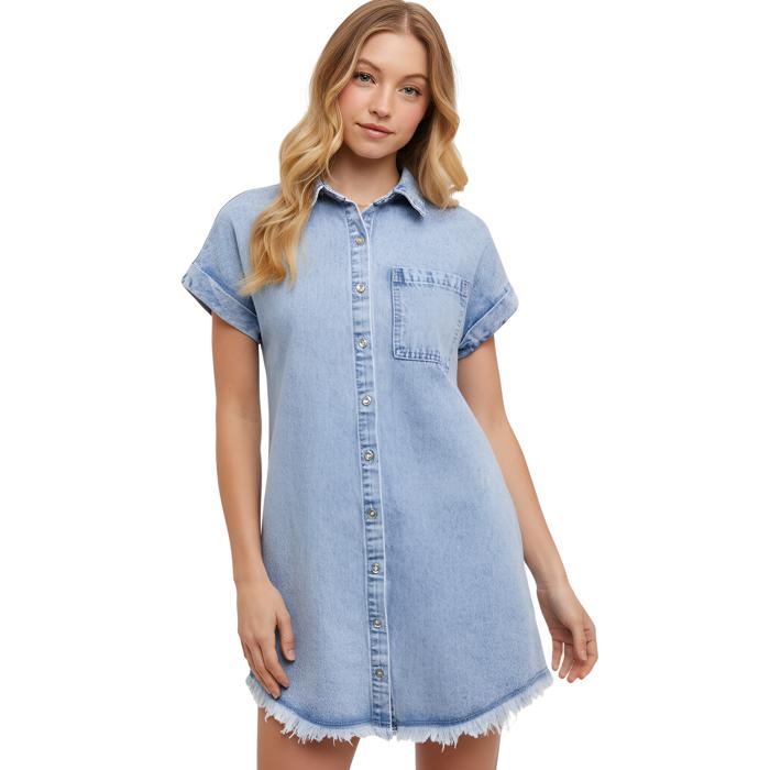 Light Wash Denim Shirt Dress with Button Front Detail Short Cuffed Sleeves Relaxed Everyday Fit Soft Washed Fabric