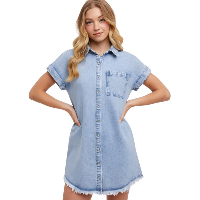 Light Wash Denim Shirt Dress with Button Front Detail Short Cuffed Sleeves Relaxed Everyday Fit Soft Washed Fabric