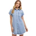 Small Light Wash Denim Shirt Dress with Button Front Detail Short Cuffed Sleeves Relaxed Everyday Fit Soft Washed Fabric
