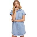 Small Light Wash Denim Shirt Dress with Button Front Detail Short Cuffed Sleeves Relaxed Everyday Fit Soft Washed Fabric