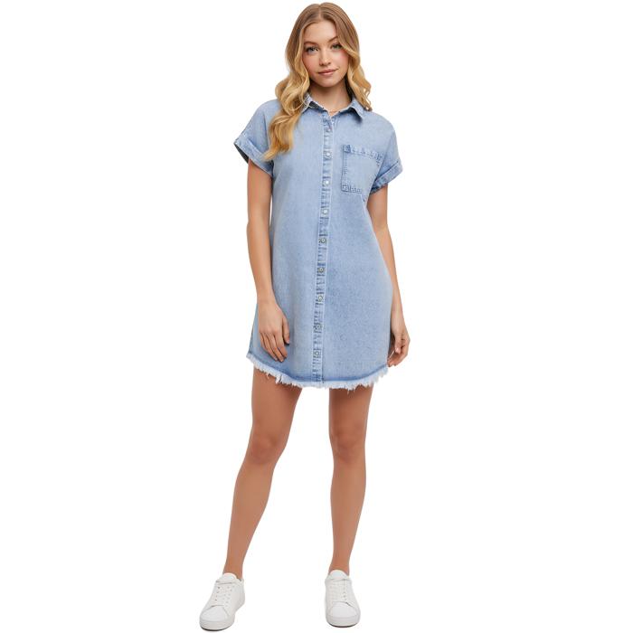 Light Wash Denim Shirt Dress with Button Front Detail Short Cuffed Sleeves Relaxed Everyday Fit Soft Washed Fabric