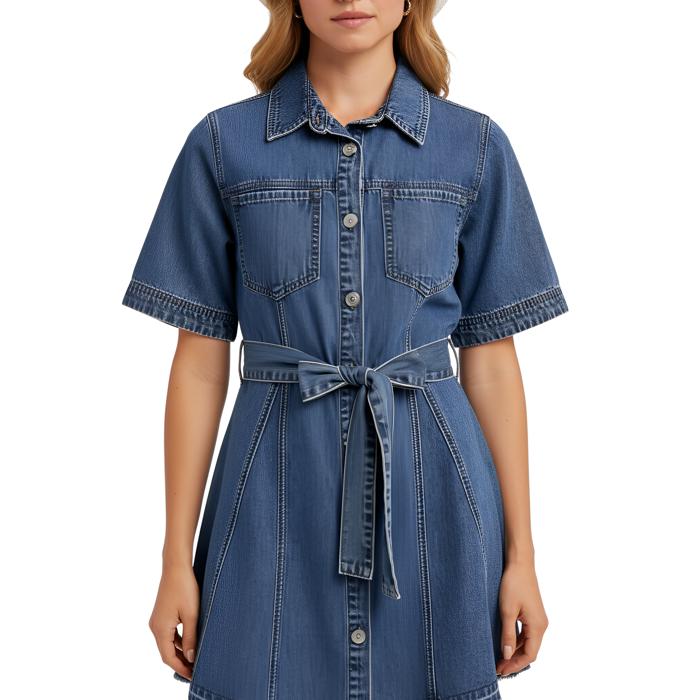 Belted Denim Mini Dress with Button Front Detail Short Sleeves Front Pocket Accents Flattering Fit and Flare Silhouette