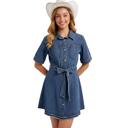  Belted Denim Mini Dress with Button Front Detail Short Sleeves Front Pocket Accents Flattering Fit and Flare Silhouette