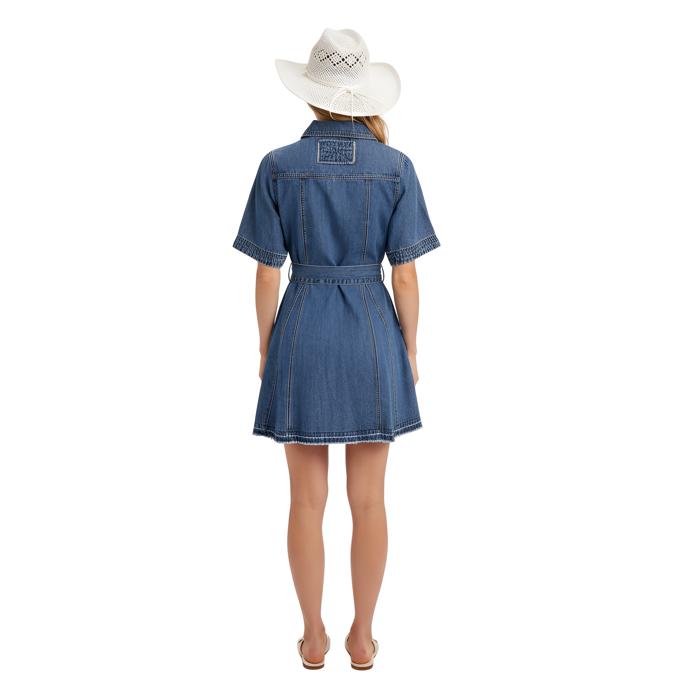 Belted Denim Mini Dress with Button Front Detail Short Sleeves Front Pocket Accents Flattering Fit and Flare Silhouette