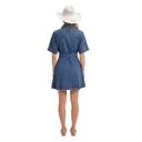 Large Belted Denim Mini Dress with Button Front Detail Short Sleeves Front Pocket Accents Flattering Fit and Flare Silhouette