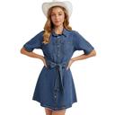 Medium Belted Denim Mini Dress with Button Front Detail Short Sleeves Front Pocket Accents Flattering Fit and Flare Silhouette