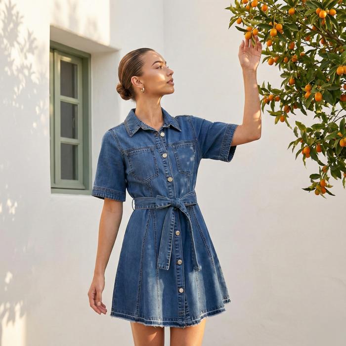Belted Denim Mini Dress with Button Front Detail Short Sleeves Front Pocket Accents Flattering Fit and Flare Silhouette