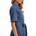 Small Belted Denim Mini Dress with Button Front Detail Short Sleeves Front Pocket Accents Flattering Fit and Flare Silhouette