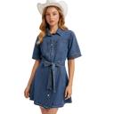 Small Belted Denim Mini Dress with Button Front Detail Short Sleeves Front Pocket Accents Flattering Fit and Flare Silhouette