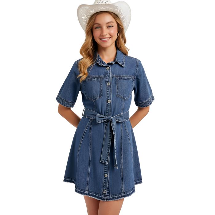 Belted Denim Mini Dress with Button Front Detail Short Sleeves Front Pocket Accents Flattering Fit and Flare Silhouette