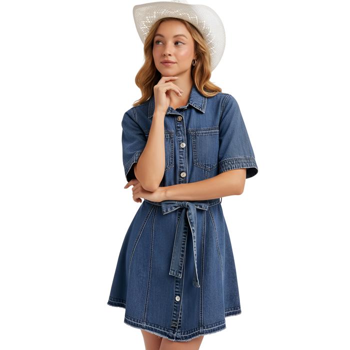 Belted Denim Mini Dress with Button Front Detail Short Sleeves Front Pocket Accents Flattering Fit and Flare Silhouette