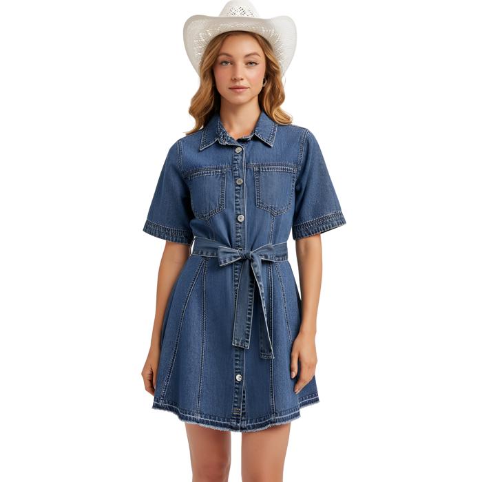 Belted Denim Mini Dress with Button Front Detail Short Sleeves Front Pocket Accents Flattering Fit and Flare Silhouette