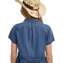  Denim Button Front Dress with Short Sleeves Flattering A Line Silhouette Soft Washed Denim Collared Neckline Front Pocket