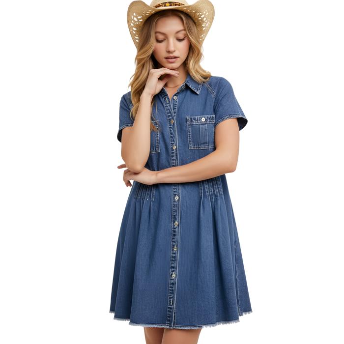 Denim Button Front Dress with Short Sleeves Flattering A Line Silhouette Soft Washed Denim Collared Neckline Front Pocket