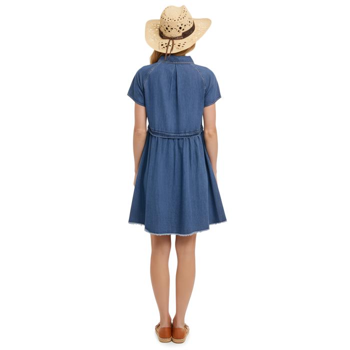 Denim Button Front Dress with Short Sleeves Flattering A Line Silhouette Soft Washed Denim Collared Neckline Front Pocket