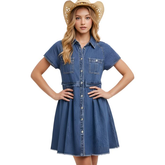 Denim Button Front Dress with Short Sleeves Flattering A Line Silhouette Soft Washed Denim Collared Neckline Front Pocket