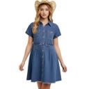 Large Denim Button Front Dress with Short Sleeves Flattering A Line Silhouette Soft Washed Denim Collared Neckline Front Pocket