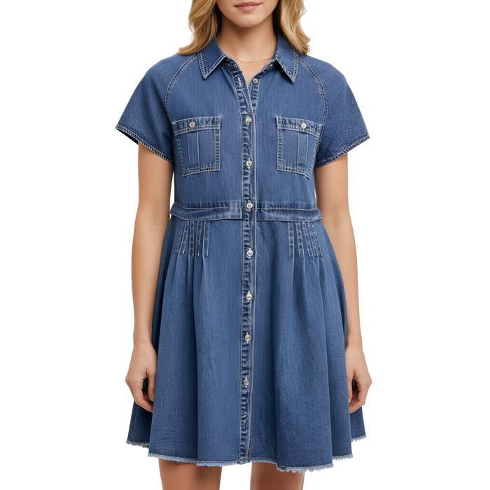 Denim Button Front Dress with Short Sleeves Flattering A Line Silhouette Soft Washed Denim Collared Neckline Front Pocket