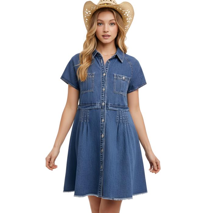 Denim Button Front Dress with Short Sleeves Flattering A Line Silhouette Soft Washed Denim Collared Neckline Front Pocket