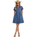Medium Denim Button Front Dress with Short Sleeves Flattering A Line Silhouette Soft Washed Denim Collared Neckline Front Pocket