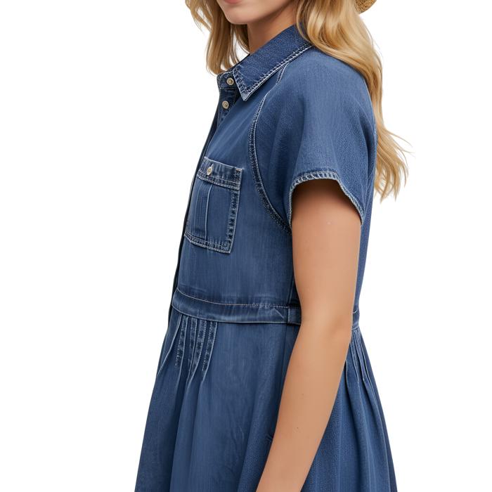Denim Button Front Dress with Short Sleeves Flattering A Line Silhouette Soft Washed Denim Collared Neckline Front Pocket