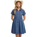 Small Denim Button Front Dress with Short Sleeves Flattering A Line Silhouette Soft Washed Denim Collared Neckline Front Pocket