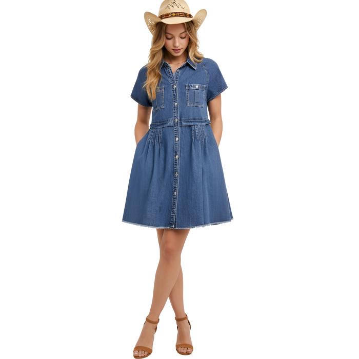 Denim Button Front Dress with Short Sleeves Flattering A Line Silhouette Soft Washed Denim Collared Neckline Front Pocket