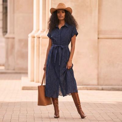 Eyelet Button Front Midi Dress with Soft Lightweight Feel Short Sleeves Tie Waist Detail Flattering Collared Neckline
