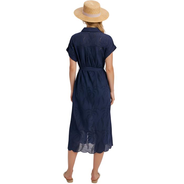 Eyelet Button Front Midi Dress with Soft Lightweight Feel Short Sleeves Tie Waist Detail Flattering Collared Neckline