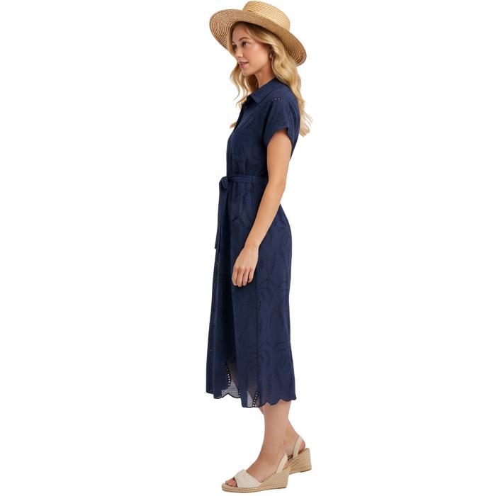 Eyelet Button Front Midi Dress with Soft Lightweight Feel Short Sleeves Tie Waist Detail Flattering Collared Neckline
