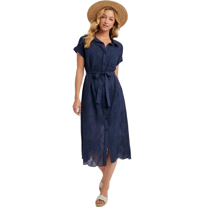 Eyelet Button Front Midi Dress with Soft Lightweight Feel Short Sleeves Tie Waist Detail Flattering Collared Neckline