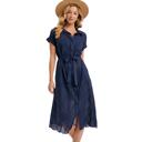  Eyelet Button Front Midi Dress with Soft Lightweight Feel Short Sleeves Tie Waist Detail Flattering Collared Neckline