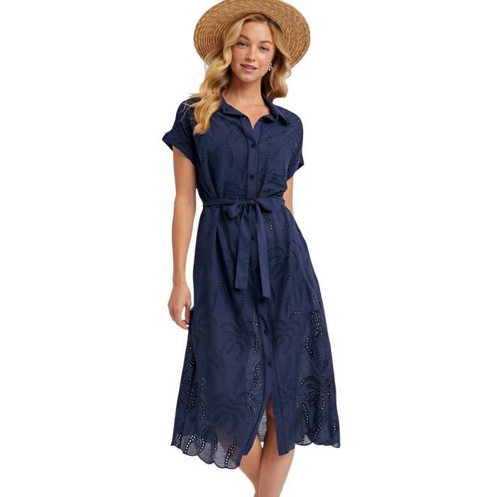 Eyelet Button Front Midi Dress with Soft Lightweight Feel Short Sleeves Tie Waist Detail Flattering Collared Neckline
