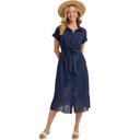 Medium Eyelet Button Front Midi Dress with Soft Lightweight Feel Short Sleeves Tie Waist Detail Flattering Collared Neckline