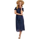 Medium Eyelet Button Front Midi Dress with Soft Lightweight Feel Short Sleeves Tie Waist Detail Flattering Collared Neckline