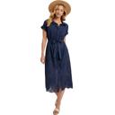 Medium Eyelet Button Front Midi Dress with Soft Lightweight Feel Short Sleeves Tie Waist Detail Flattering Collared Neckline