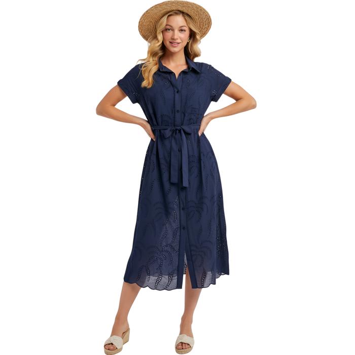 Eyelet Button Front Midi Dress with Soft Lightweight Feel Short Sleeves Tie Waist Detail Flattering Collared Neckline