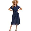 Small Eyelet Button Front Midi Dress with Soft Lightweight Feel Short Sleeves Tie Waist Detail Flattering Collared Neckline