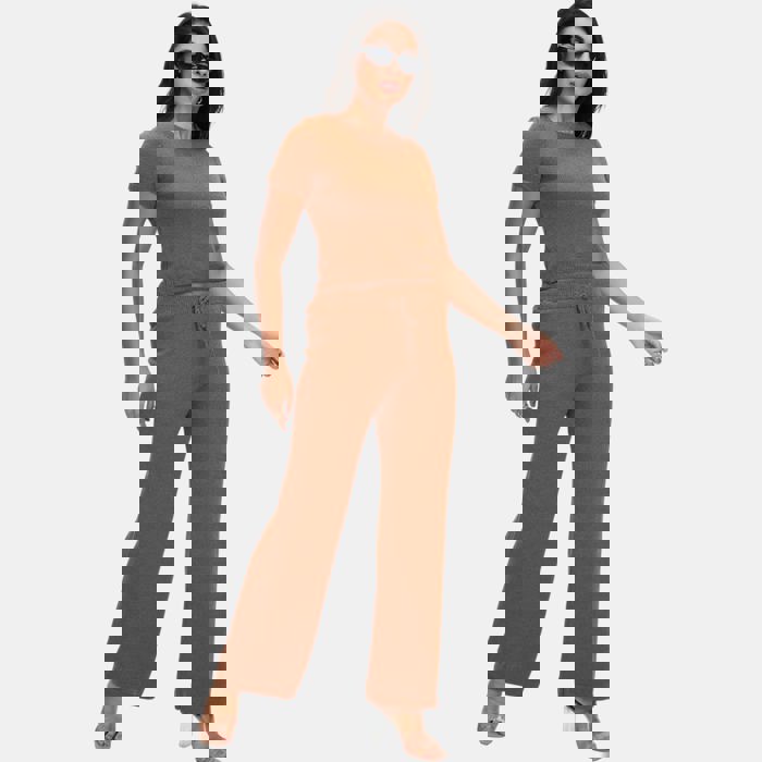 Cozy Knit Matching Set with Short Sleeve Top and Wide Leg Pants Soft Stretchy Fabric Comfortable Drawstring Waist Effortless Lounge