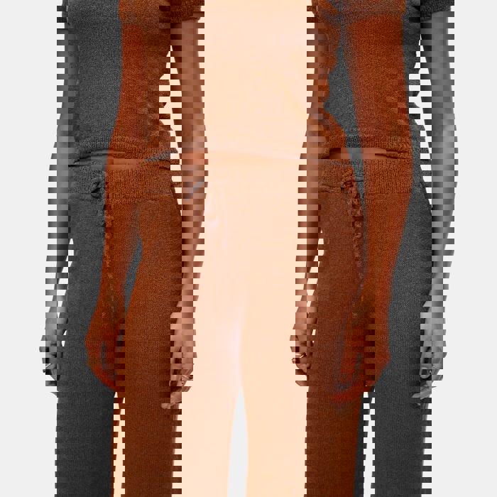 Cozy Knit Matching Set with Short Sleeve Top and Wide Leg Pants Soft Stretchy Fabric Comfortable Drawstring Waist Effortless Lounge