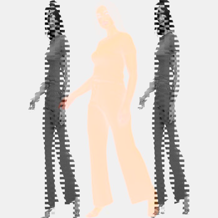 Cozy Knit Matching Set with Short Sleeve Top and Wide Leg Pants Soft Stretchy Fabric Comfortable Drawstring Waist Effortless Lounge