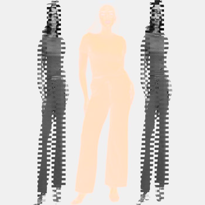 Cozy Knit Matching Set with Short Sleeve Top and Wide Leg Pants Soft Stretchy Fabric Comfortable Drawstring Waist Effortless Lounge