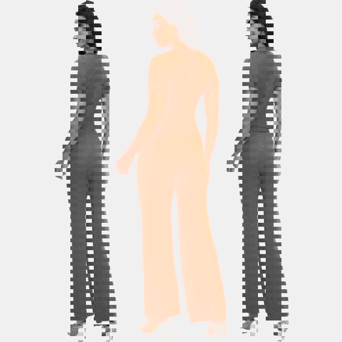 Cozy Knit Matching Set with Short Sleeve Top and Wide Leg Pants Soft Stretchy Fabric Comfortable Drawstring Waist Effortless Lounge